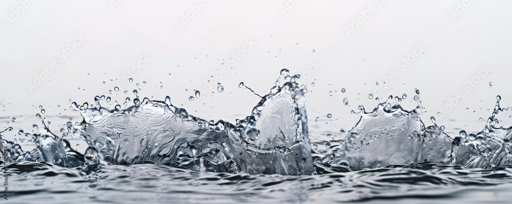 A powerful surge of water forming a splash, with individual droplets suspended in the air, set against a stark white backdrop. The clear water creates a sense of freshness and vitality. A powerful surge of water forming a splash, with individual droplets suspended in the air, set against a stark white backdrop. The clear water creates a sense of freshness and vitality.