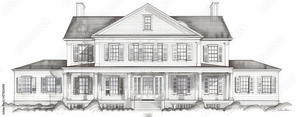 A sketch of a historic American colonial house, with symmetrical facades, white clapboard siding, and classic shutters. The white background highlights the traditional and timeless architectural style A sketch of a historic American colonial house, with symmetrical facades, white clapboard siding, and classic shutters. The white background highlights the traditional and timeless architectural style