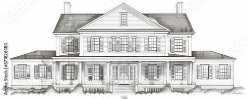 A sketch of a historic American colonial house, with symmetrical facades, white clapboard siding, and classic shutters. The white background highlights the traditional and timeless architectural style photo