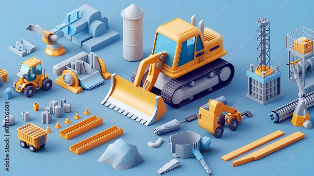 Construction bulldozer and factory isometric style icon design of remodeling working and repairing theme. Construction bulldozer and factory isometric style icon design of remodeling working and repairing theme.