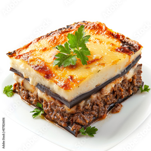 A traditional Greek moussaka, layers of eggplant, minced meat, and bÃ©chamel sauce, garnished with fresh parsley, isolated on white background. photo