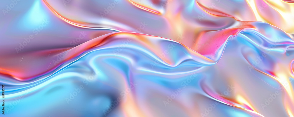 Naklejka premium Abstract iridescent background design, 3d render, displaying smooth, undulating waves of color. The iridescent effect creates a beautiful spectrum of shifting colors, from soft pastels to vibrant