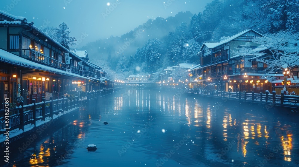 Fototapeta premium Snowy Evening in a Japanese Town by the River