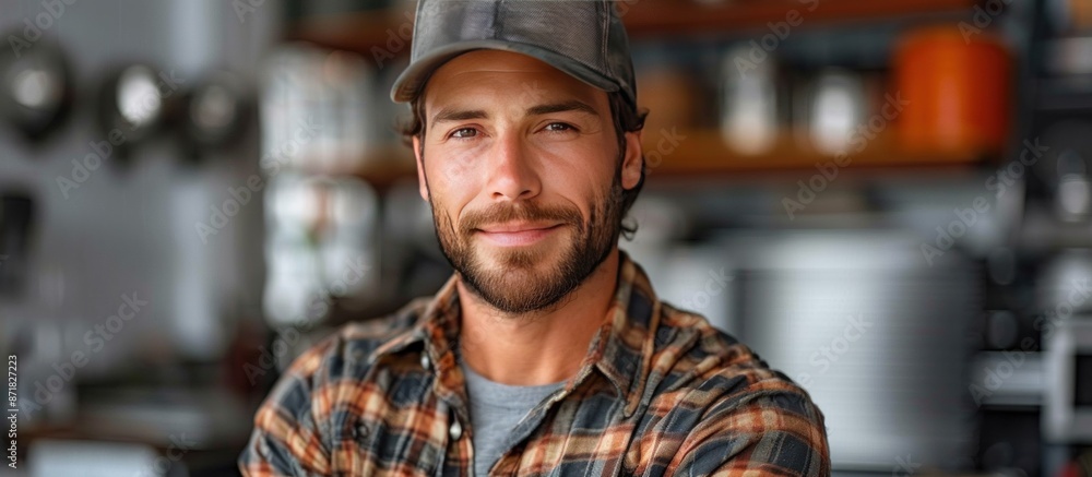 Naklejka premium Portrait of a Smiling Man in a Plaid Shirt