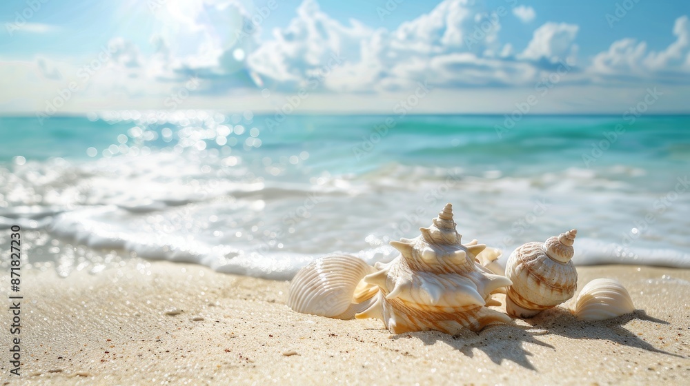 A serene beach with seashells and ample space for text. A serene beach with seashells and ample space for text.