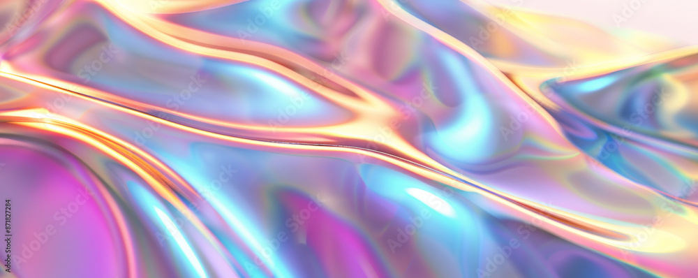 Abstract iridescent background design, 3d render, featuring a smooth, glass-like texture. The iridescent surface shimmers with a gradient of colors, creating a mesmerizing, ever-changing visual effect Abstract iridescent background design, 3d render, featuring a smooth, glass-like texture. The iridescent surface shimmers with a gradient of colors, creating a mesmerizing, ever-changing visual effect