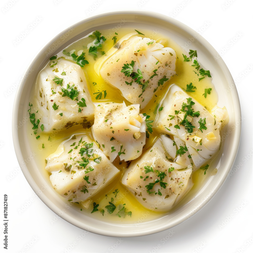 A plate of Spanish bacalao al pil-pil, codfish cooked in olive oil and garlic, emulsified into a creamy sauce, garnished with parsley, isolated on white background. A plate of Spanish bacalao al pil-pil, codfish cooked in olive oil and garlic, emulsified into a creamy sauce, garnished with parsley, isolated on white background.