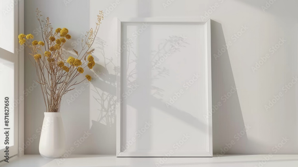 Mockup of white frame on table with yellow dried Everlasting flowers and vase against white wall Mockup of white frame on table with yellow dried Everlasting flowers and vase against white wall