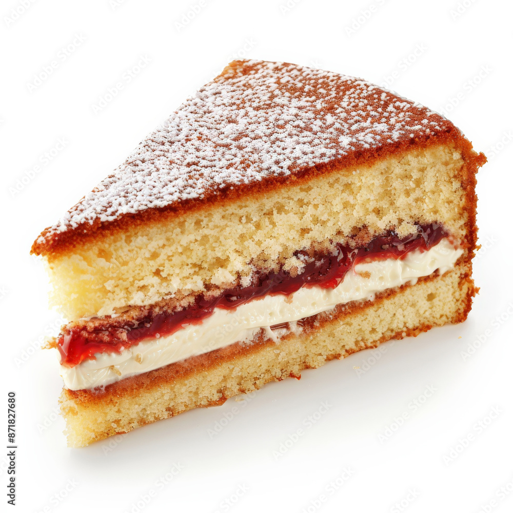 A slice of British Victoria sponge cake, layers of light sponge with jam and cream filling, dusted with powdered sugar, isolated on white background. A slice of British Victoria sponge cake, layers of light sponge with jam and cream filling, dusted with powdered sugar, isolated on white background.