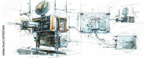 A technical sketch of a military communication device, detailing its antennas, control panels, and encryption features. The white background emphasizes the device's advanced technology and