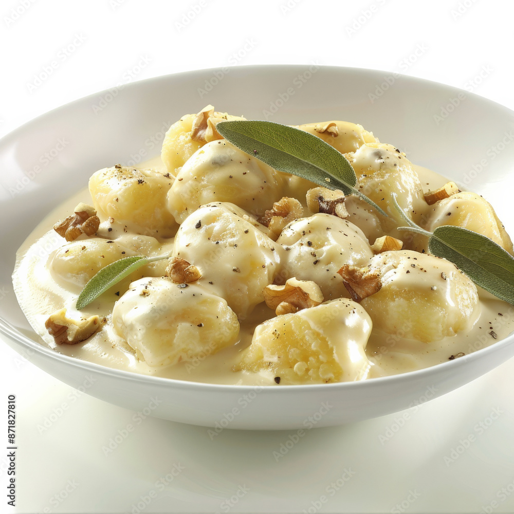 A serving of Italian gnocchi, potato dumplings with a creamy gorgonzola sauce, garnished with walnuts and fresh sage, isolated on white background. A serving of Italian gnocchi, potato dumplings with a creamy gorgonzola sauce, garnished with walnuts and fresh sage, isolated on white background.