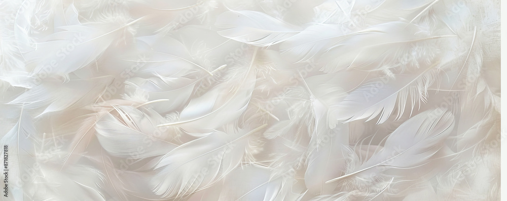 A soft and dreamy background featuring a variety of white feathers gently overlapping each other. The light and airy texture gives a serene and ethereal feel. A soft and dreamy background featuring a variety of white feathers gently overlapping each other. The light and airy texture gives a serene and ethereal feel.