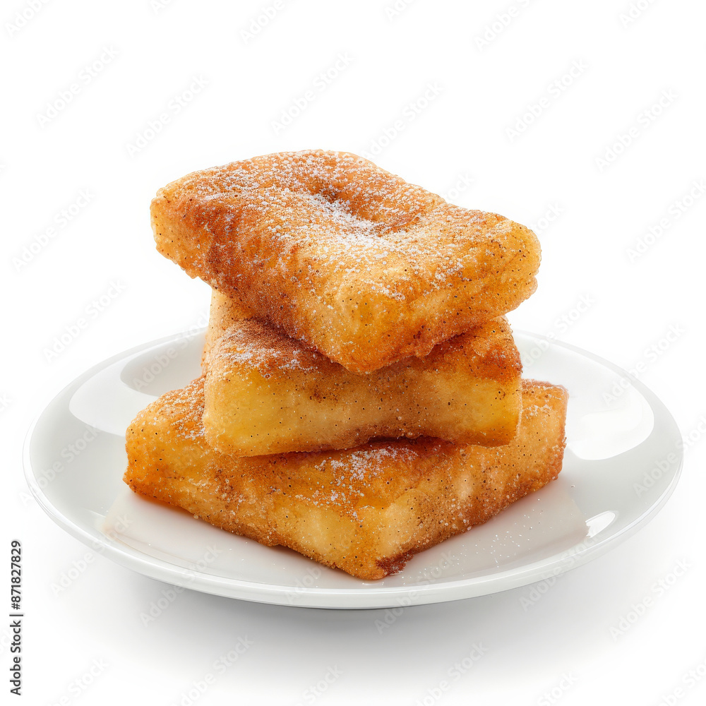 A traditional Spanish leche frita, fried milk dessert dusted with cinnamon and sugar, isolated on white background. A traditional Spanish leche frita, fried milk dessert dusted with cinnamon and sugar, isolated on white background.