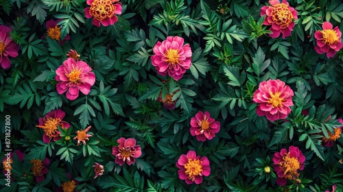 Top view image of pink marigold flowers with green foliage blooming