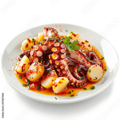 A serving of Spanish pulpo a la gallega, tender octopus slices drizzled with olive oil and paprika, garnished with boiled potatoes, isolated on white background.