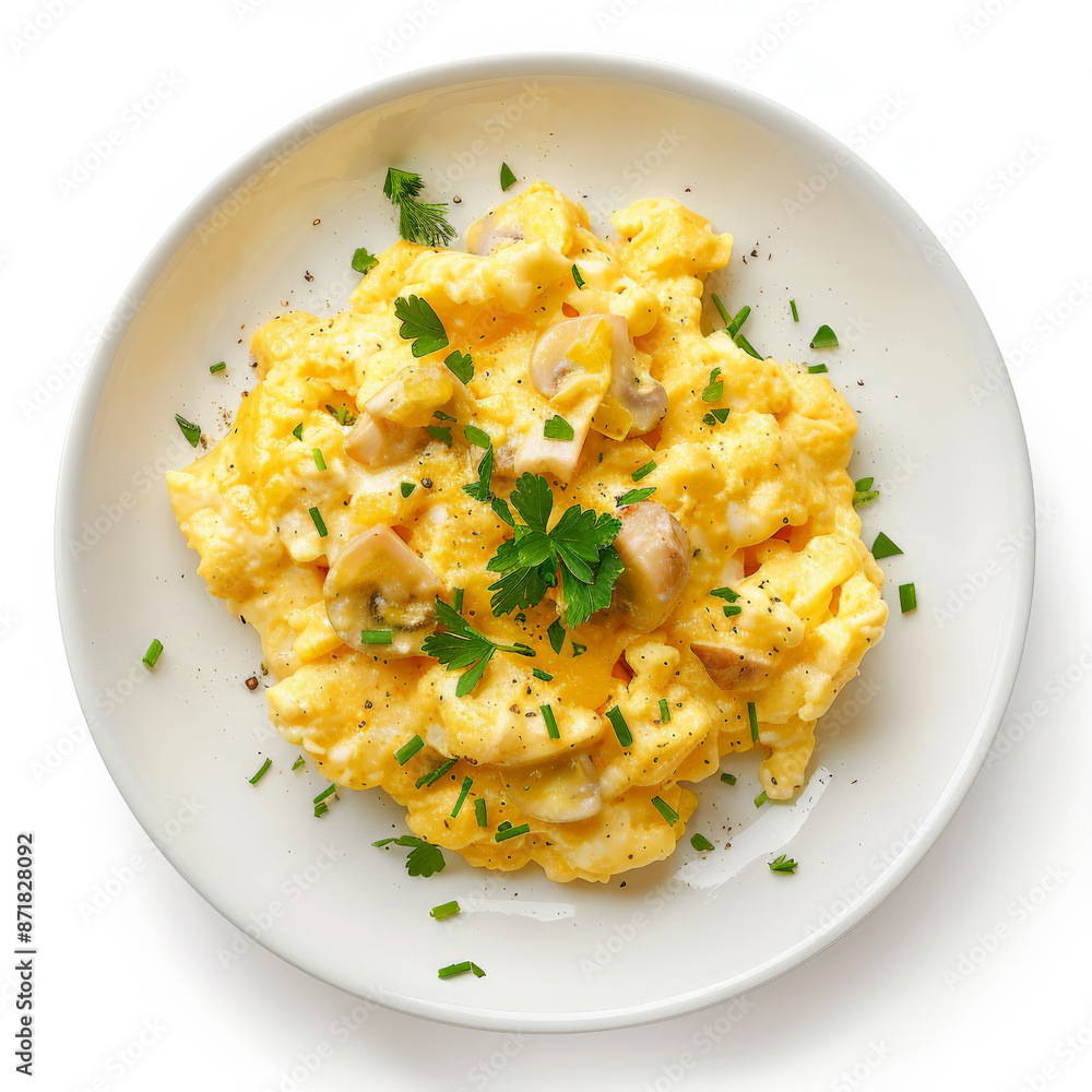 A serving of Spanish revuelto de setas, scrambled eggs with wild mushrooms and garlic, garnished with parsley, isolated on white background. A serving of Spanish revuelto de setas, scrambled eggs with wild mushrooms and garlic, garnished with parsley, isolated on white background.
