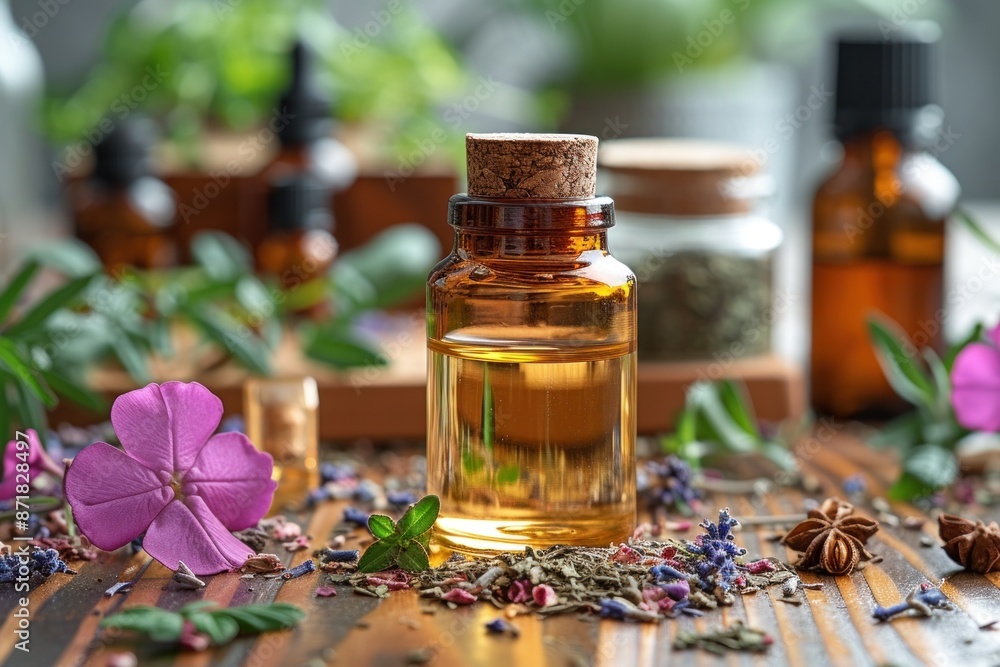 Close-up of essential oils and dried herbs for natural skincare products, serene spa setting. Close-up of essential oils and dried herbs for natural skincare products, serene spa setting.