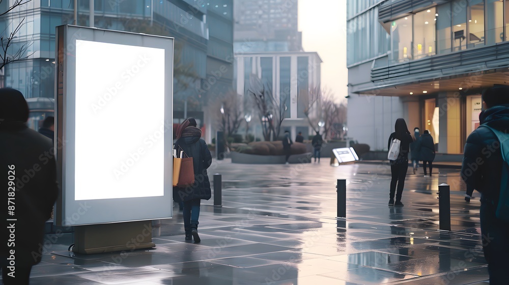 Blank white Mock up Banner Signboard stand Media outdoor with people walking City street Building Blank white Mock up Banner Signboard stand Media outdoor with people walking City street Building