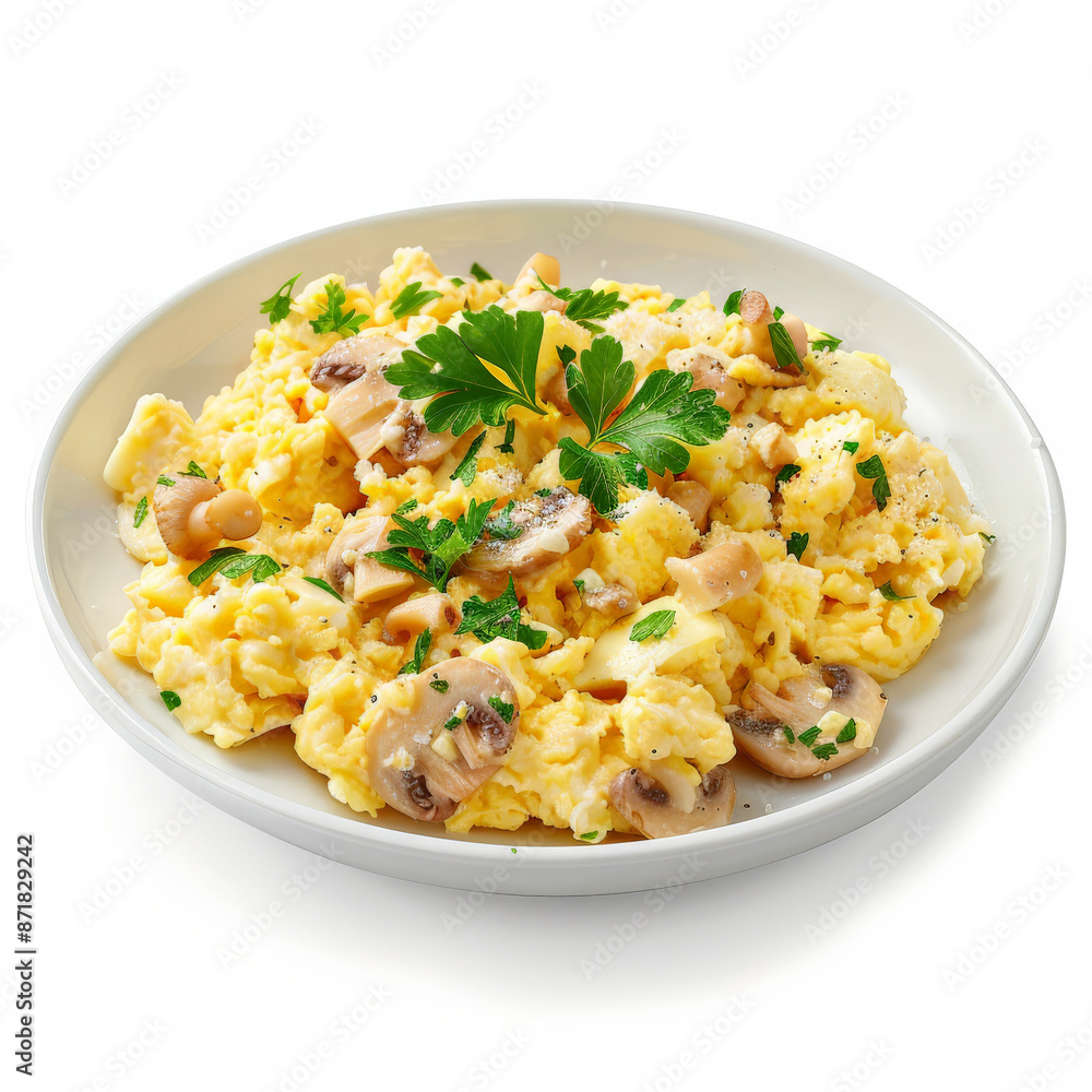 A serving of Spanish revuelto de setas, scrambled eggs with wild mushrooms and garlic, garnished with parsley, isolated on white background. A serving of Spanish revuelto de setas, scrambled eggs with wild mushrooms and garlic, garnished with parsley, isolated on white background.