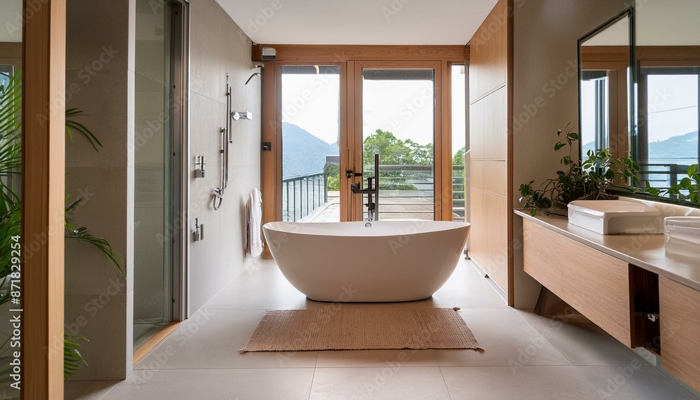 Fototapeta premium bathroom interior with modern bathtub. Apartment clean, luxury floor with nobody. Contemporary decor, empty walls; view over the door