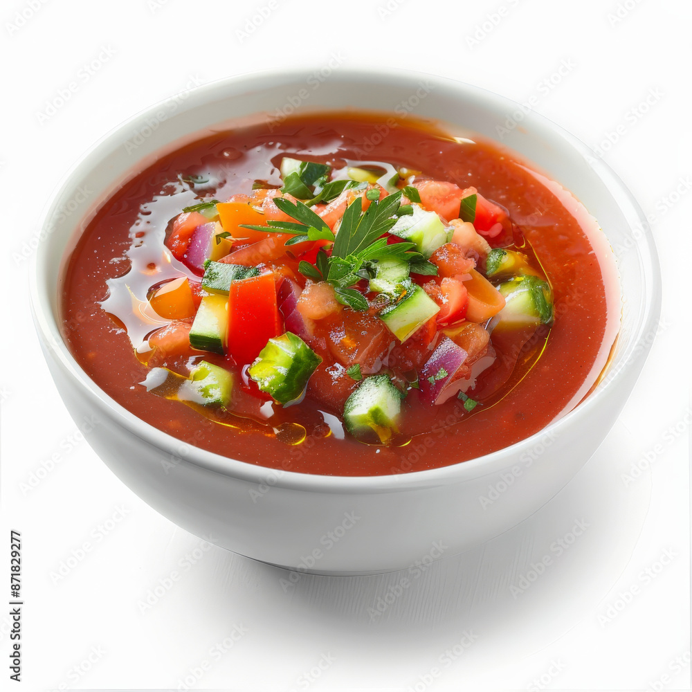 A serving of Spanish gazpacho, a chilled tomato-based soup garnished with diced vegetables and a drizzle of olive oil, isolated on white background. A serving of Spanish gazpacho, a chilled tomato-based soup garnished with diced vegetables and a drizzle of olive oil, isolated on white background.