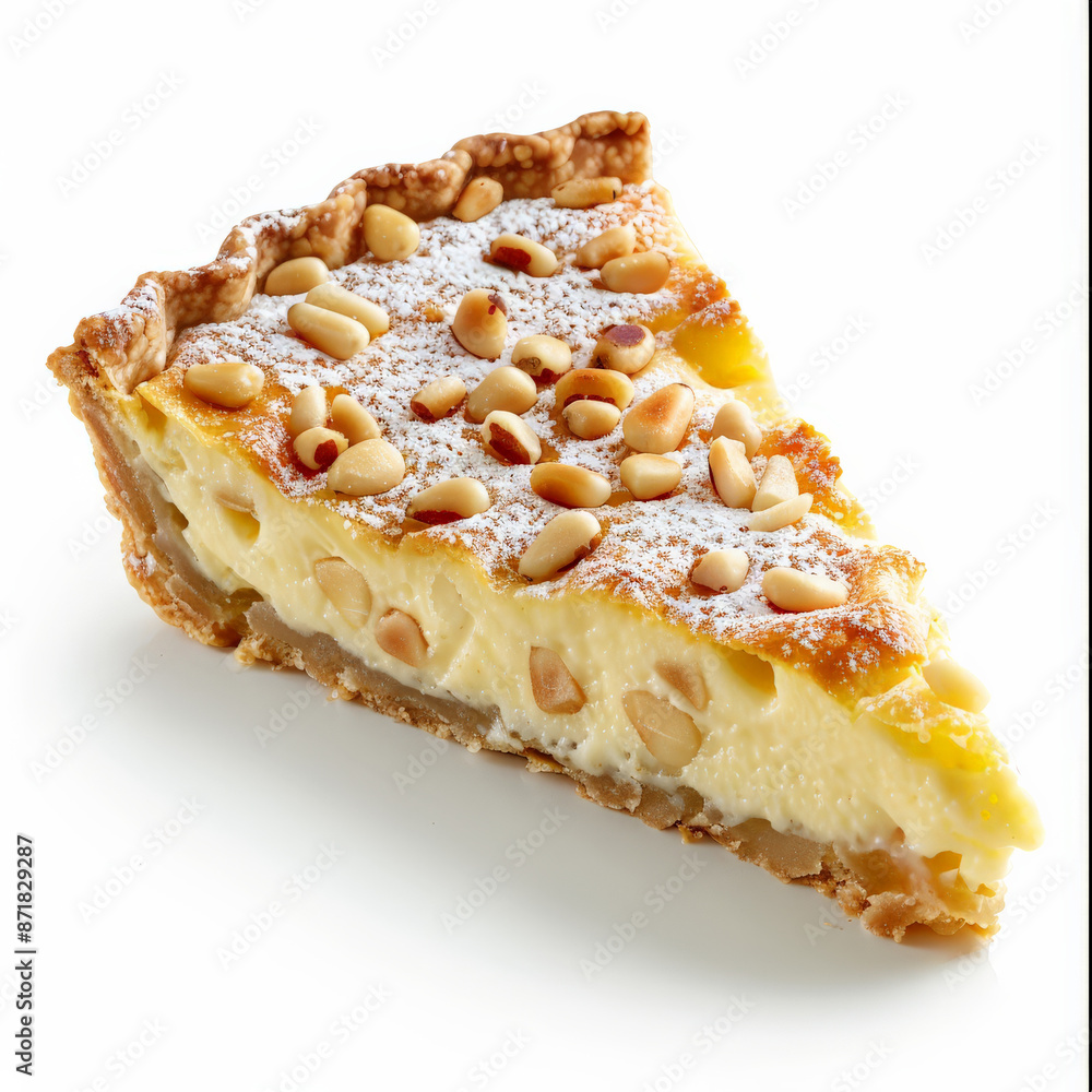 A slice of Italian torta della nonna, a custard pie topped with pine nuts and powdered sugar, isolated on white background. A slice of Italian torta della nonna, a custard pie topped with pine nuts and powdered sugar, isolated on white background.