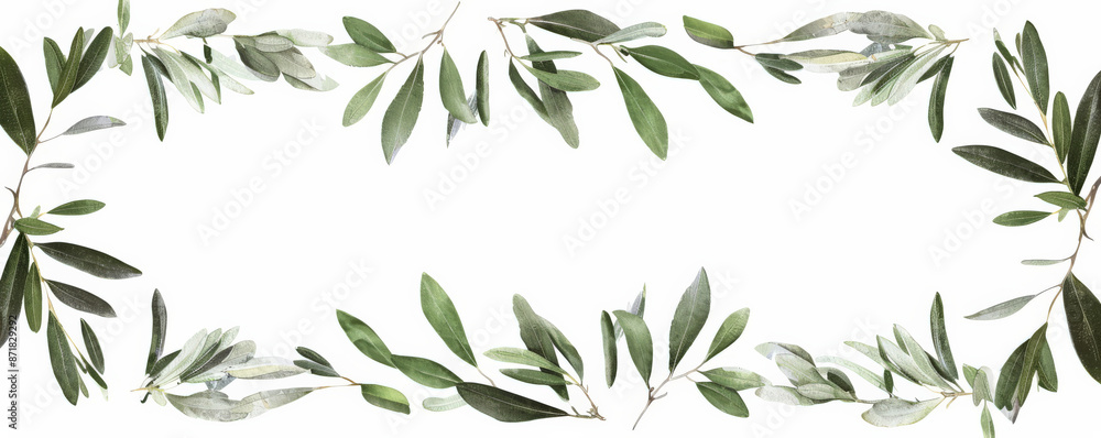 A rectangular frame of olive branches with silvery-green leaves, isolated on a white background. The simple and elegant leaves create a Mediterranean-inspired border. A rectangular frame of olive branches with silvery-green leaves, isolated on a white background. The simple and elegant leaves create a Mediterranean-inspired border.