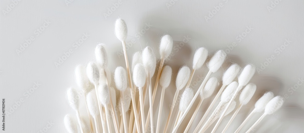 Eco-friendly plastic cotton swabs for ears, with a white background; perfect for copy space images. Eco-friendly plastic cotton swabs for ears, with a white background; perfect for copy space images.