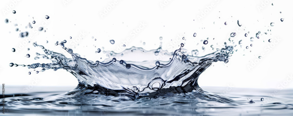 An artistic splash of water, with droplets creating a fan-like shape in mid-air, isolated on a white background. The clean backdrop enhances the visual impact of the water's form. An artistic splash of water, with droplets creating a fan-like shape in mid-air, isolated on a white background. The clean backdrop enhances the visual impact of the water's form.