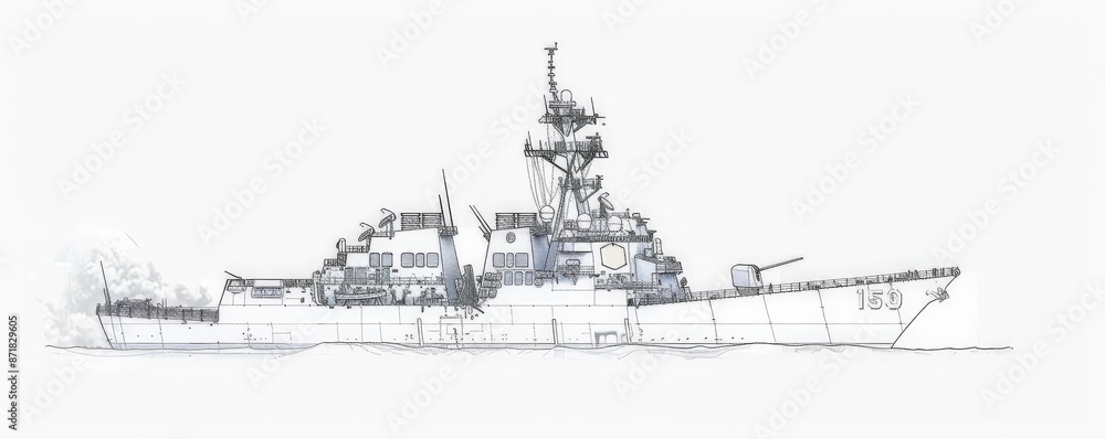 Obraz premium A technical drawing of a naval destroyer, showcasing its radar systems, missile launchers, and hull design. The white background highlights the ship's advanced technology and combat capabilities.