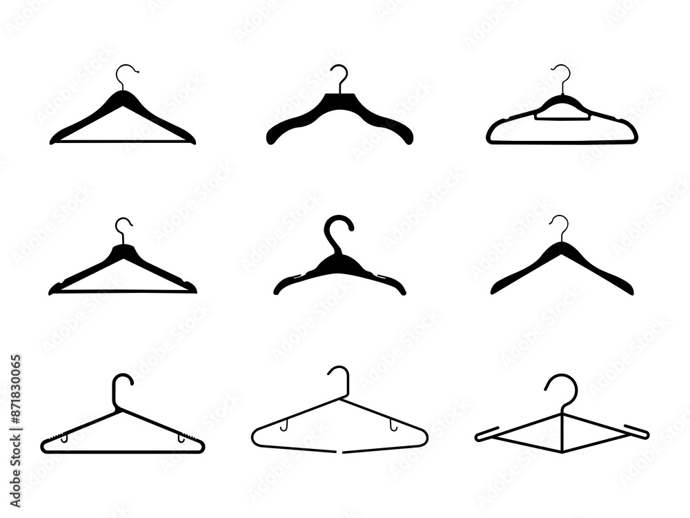 Set of Clothes Hanger Silhouette in various poses isolated on white background Set of Clothes Hanger Silhouette in various poses isolated on white background