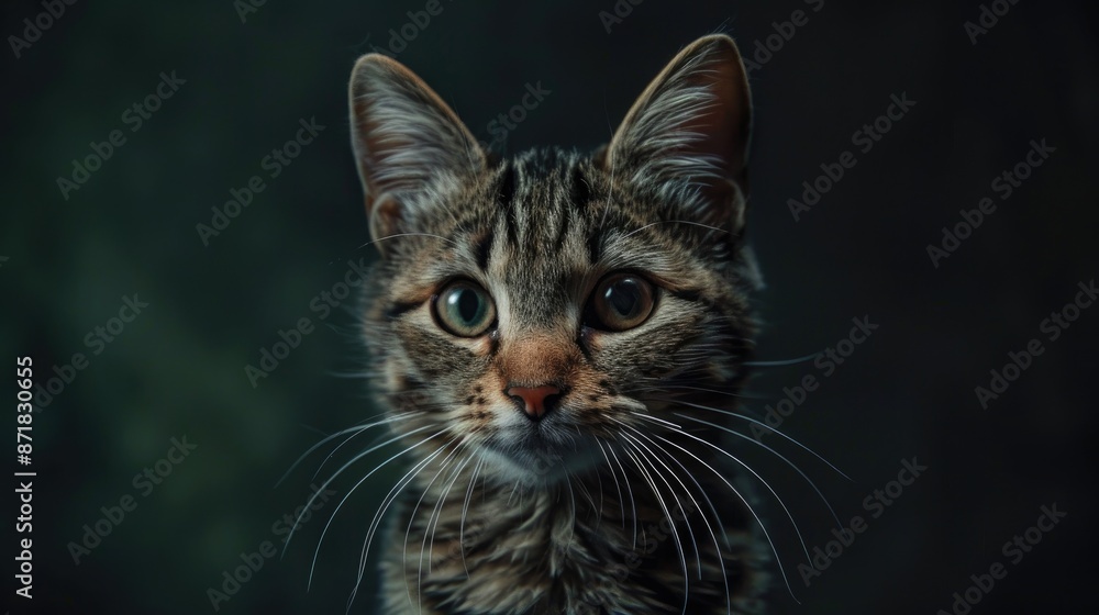 Tabby feline against dark backdrop Tabby feline against dark backdrop