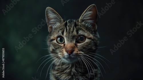 Tabby feline against dark backdrop