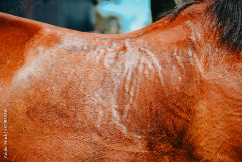 Print of the saddle of horse after working out in the arena