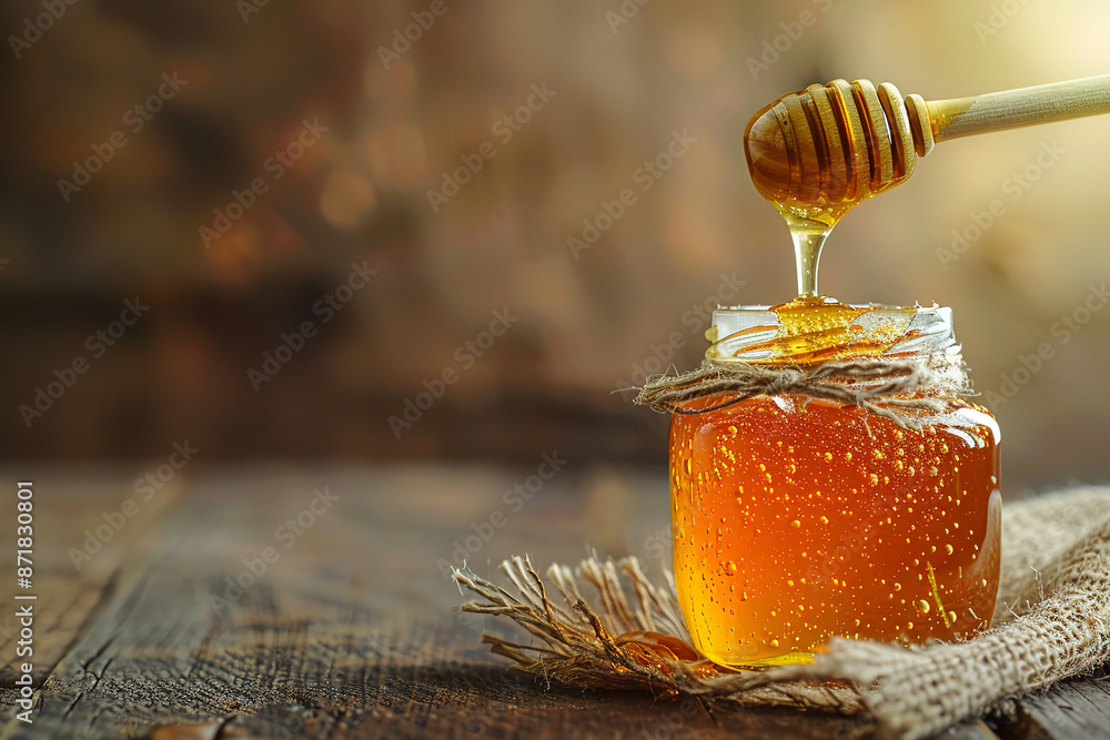 Golden Honey Threads Lifting from Jar with Honey Dipper Golden Honey Threads Lifting from Jar with Honey Dipper