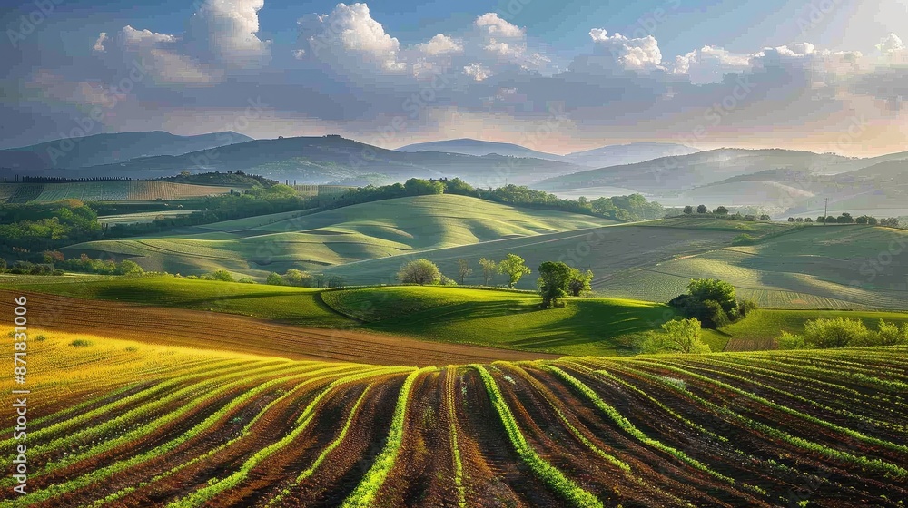 Naklejka premium Sun-dappled fields in tranquil countryside