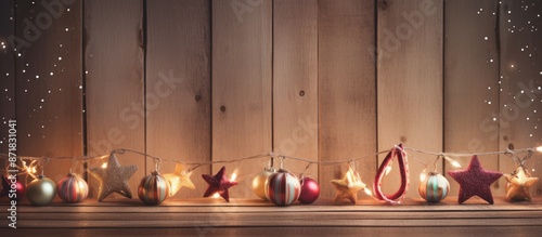 A festive scene featuring holiday lights, lollipops, and spices like cinnamon and star anise arranged on a wooden backdrop in vintage color style with copy space image.