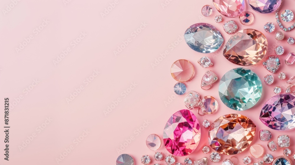 Precious jewels displayed on pastel background in flat lay Precious jewels displayed on pastel background in flat lay