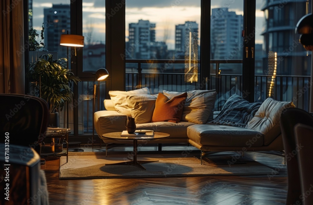 Luxury living room interior with sofa, coffee table and window with city view Luxury living room interior with sofa, coffee table and window with city view