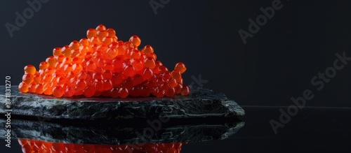 Red caviar snacks displayed on a stone plate against a black background with reflections, offering space for additional content. photo