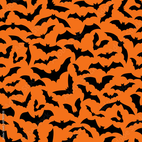 Halloween bats seamless pattern background for horror night holiday, cartoon vector. Halloween trick or treat party decoration pattern with clouds of flying black bats silhouette on orange background
