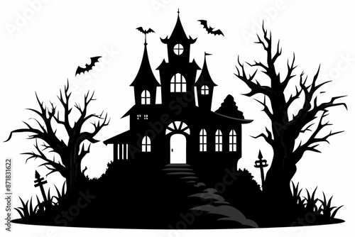 A Silhouette Vector Of Halloween Haunted House, Haunted House silhouette collection. scary halloween house bundle set,halloween at night and bats house logo