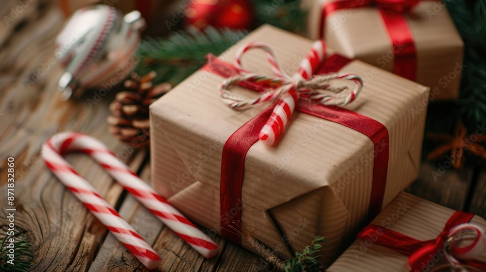 Gifts and candy canes for Christmas on a wooden surface Gifts and candy canes for Christmas on a wooden surface