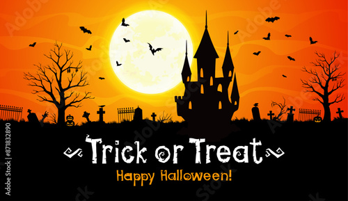 Halloween castle silhouette, trick or treat poster with cemetery landscape, vector background. Happy Halloween holiday greeting with cartoon haunted castle house, pumpkin lanterns, bats and tombstones