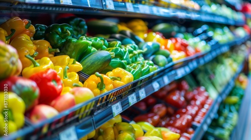 Colorful bell peppers and vegetables in supermarket