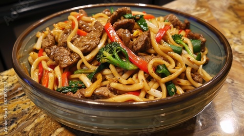 Homemade Asian style Lo Mein with Beef Veggies Soy Sauce and Onions