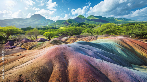 Visit the famous Seven Colored Earth Geopark in Mauritius. This colorful landscape is a result of volcanic activity. It's in the Riviere Noire district. photo