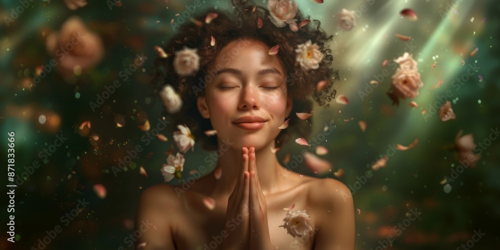 Woman Surrounded by Falling Rose Petals in a Garden Setting Woman Surrounded by Falling Rose Petals in a Garden Setting
