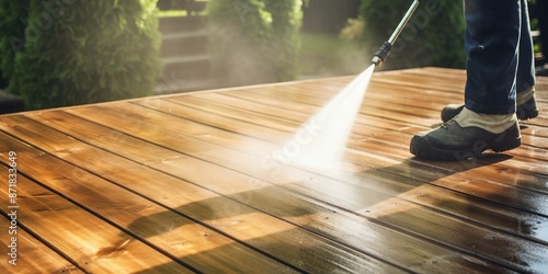 cleaning terrace with a power washer - high water pressure cleaner on wooden terrace surface