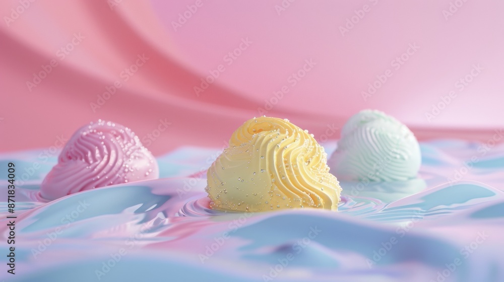 Colorful pastel meringues on wavy background Colorful pastel meringues on wavy background